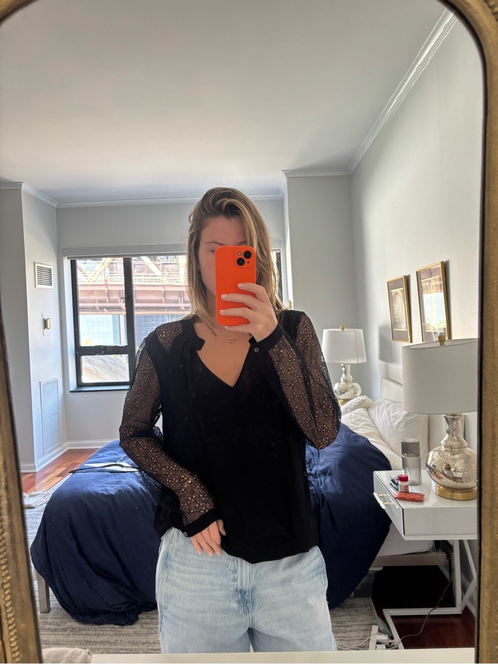 leifsdottir Black Sheer Lace-Sleeve V-Neck Blouse